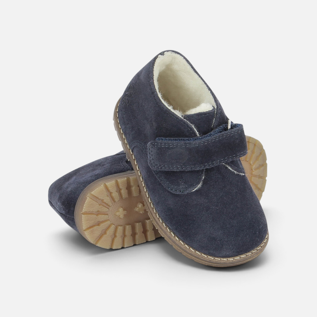 Chaussures premiers-pas Pom d'Api en cuir velours bleu marine avec doublure chaude et fermeture velcro pratique