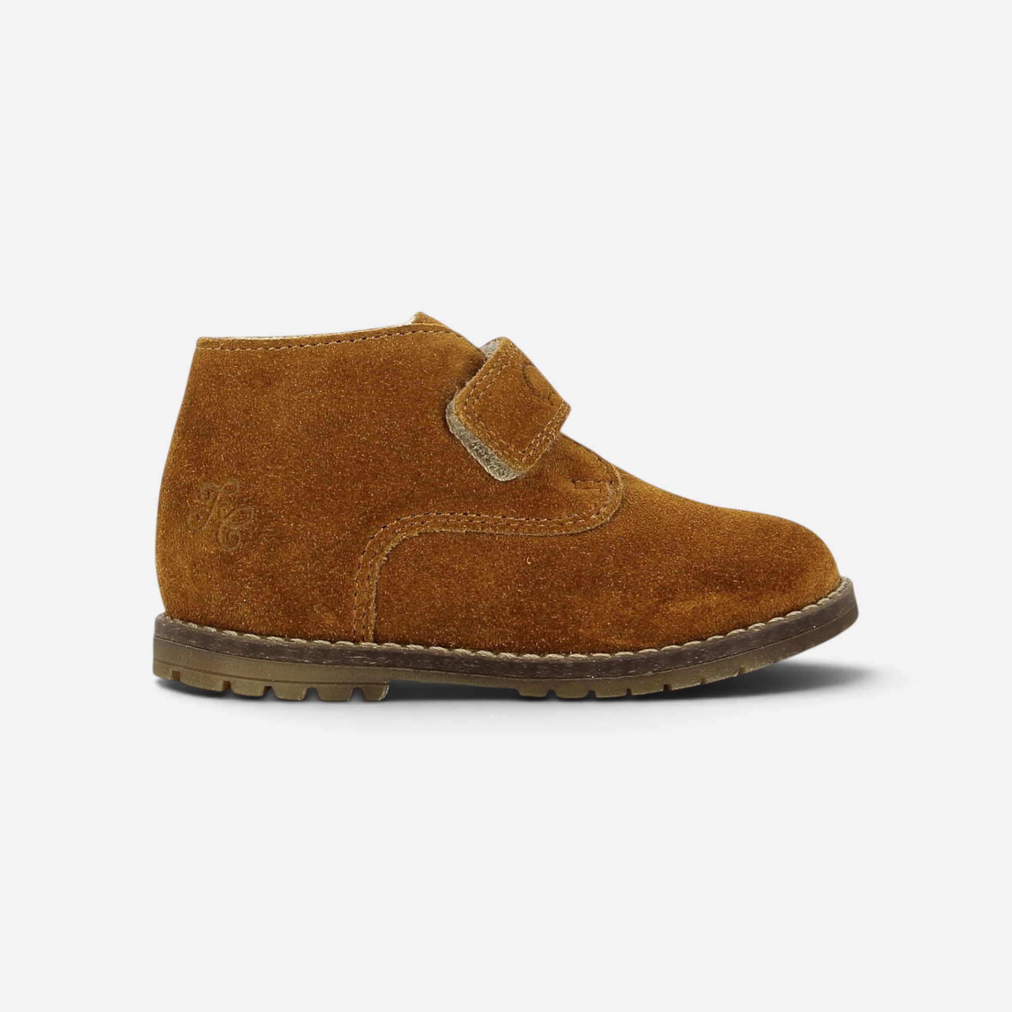 Chaussure premiers-pas Pom d'Api en cuir velours marron avec fermeture velcro et semelle antidérapante pour l'hiver