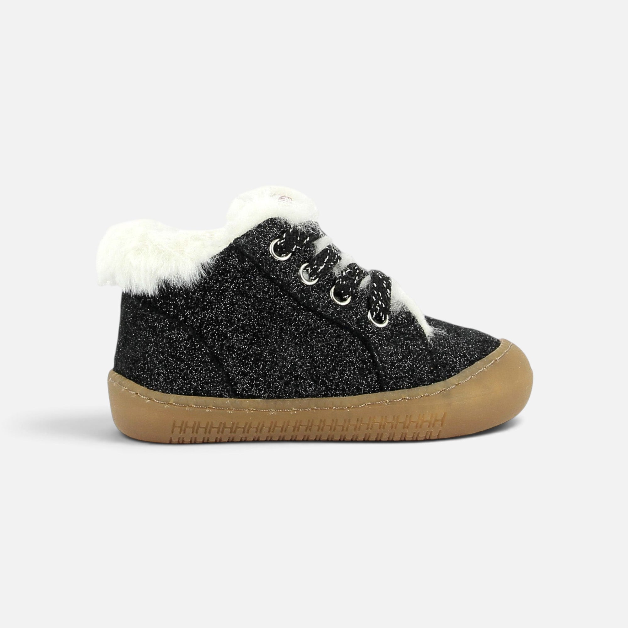 Chaussures premiers pas Pom d'Api Yaka Walk Fur en velours noir pailleté avec doublure en fourrure blanche