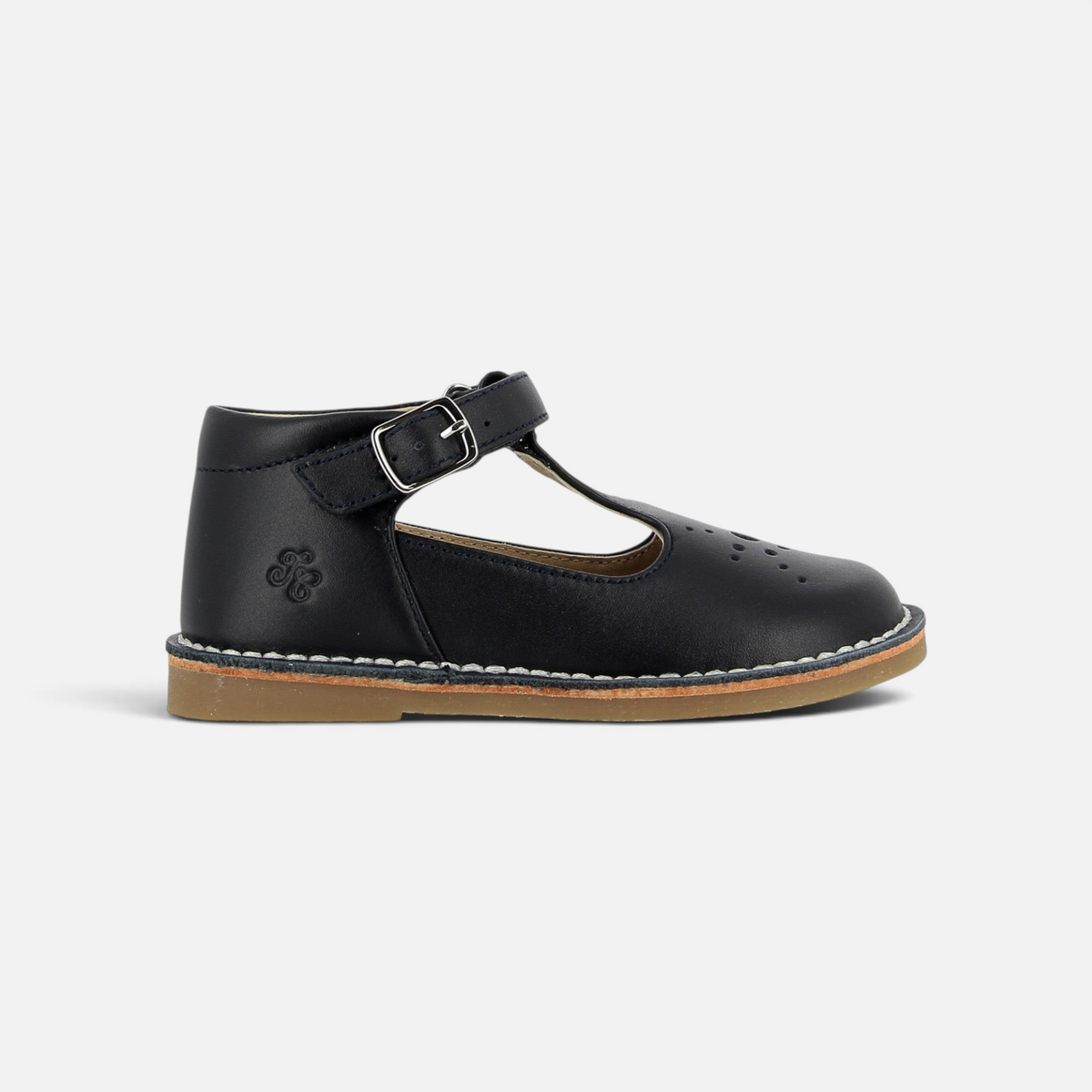 Chaussure salomé Pom d'Api en cuir nappa bleu marine avec bride réglable et semelle souple cousue