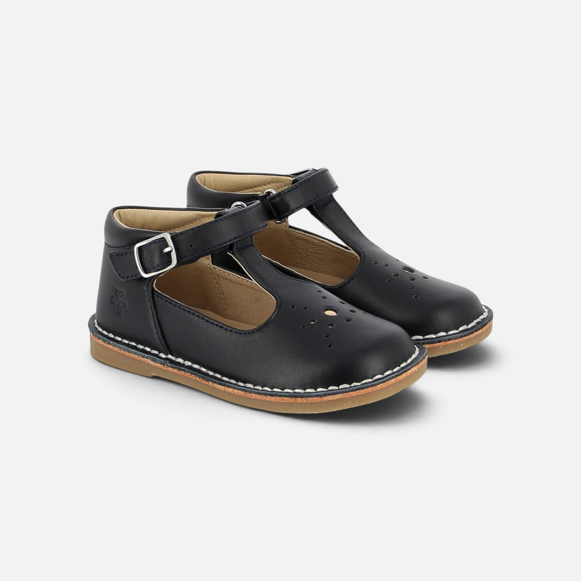 Chaussures salomé Pom d'Api en cuir nappa bleu marine avec bride réglable et détails perforés sur le dessus