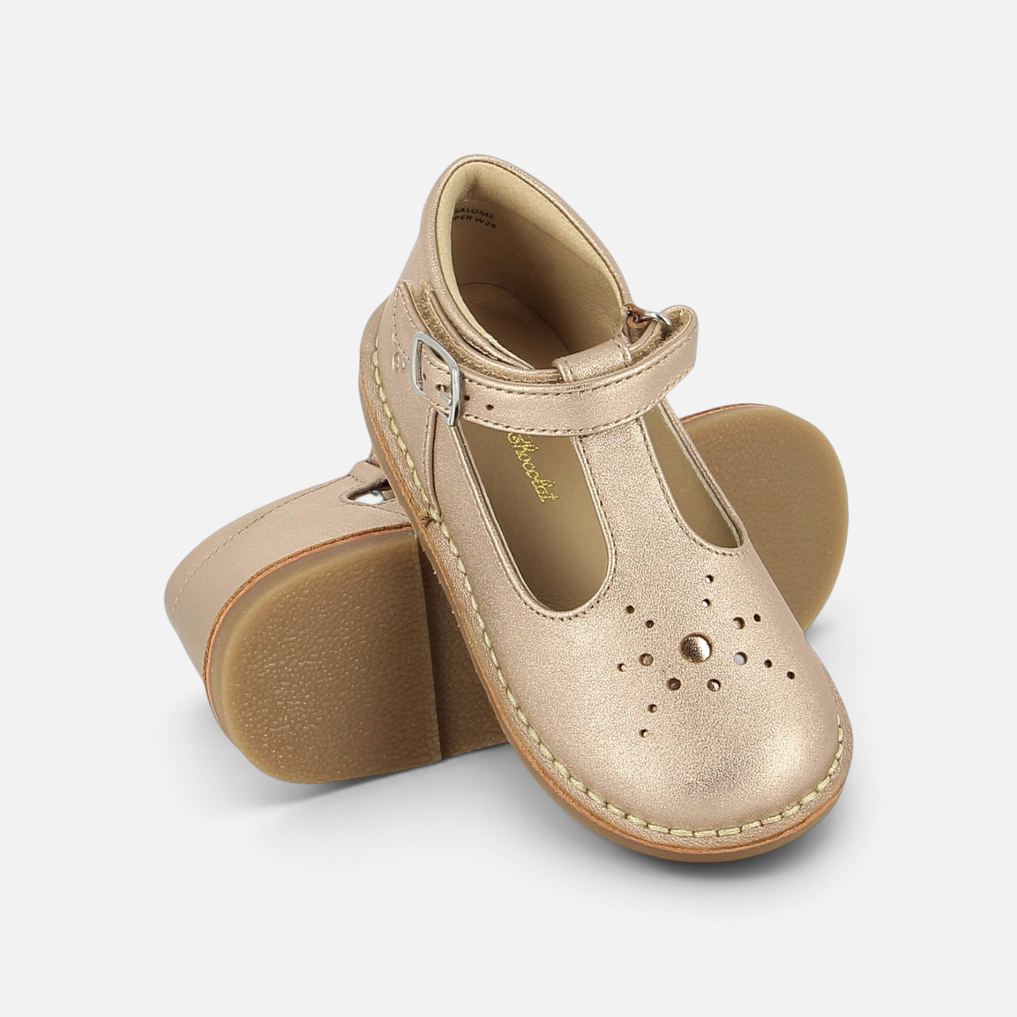 Chaussures salomé Pom d'Api pour enfant en cuir laminé couleur cuivre avec détails perforés et bride réglable