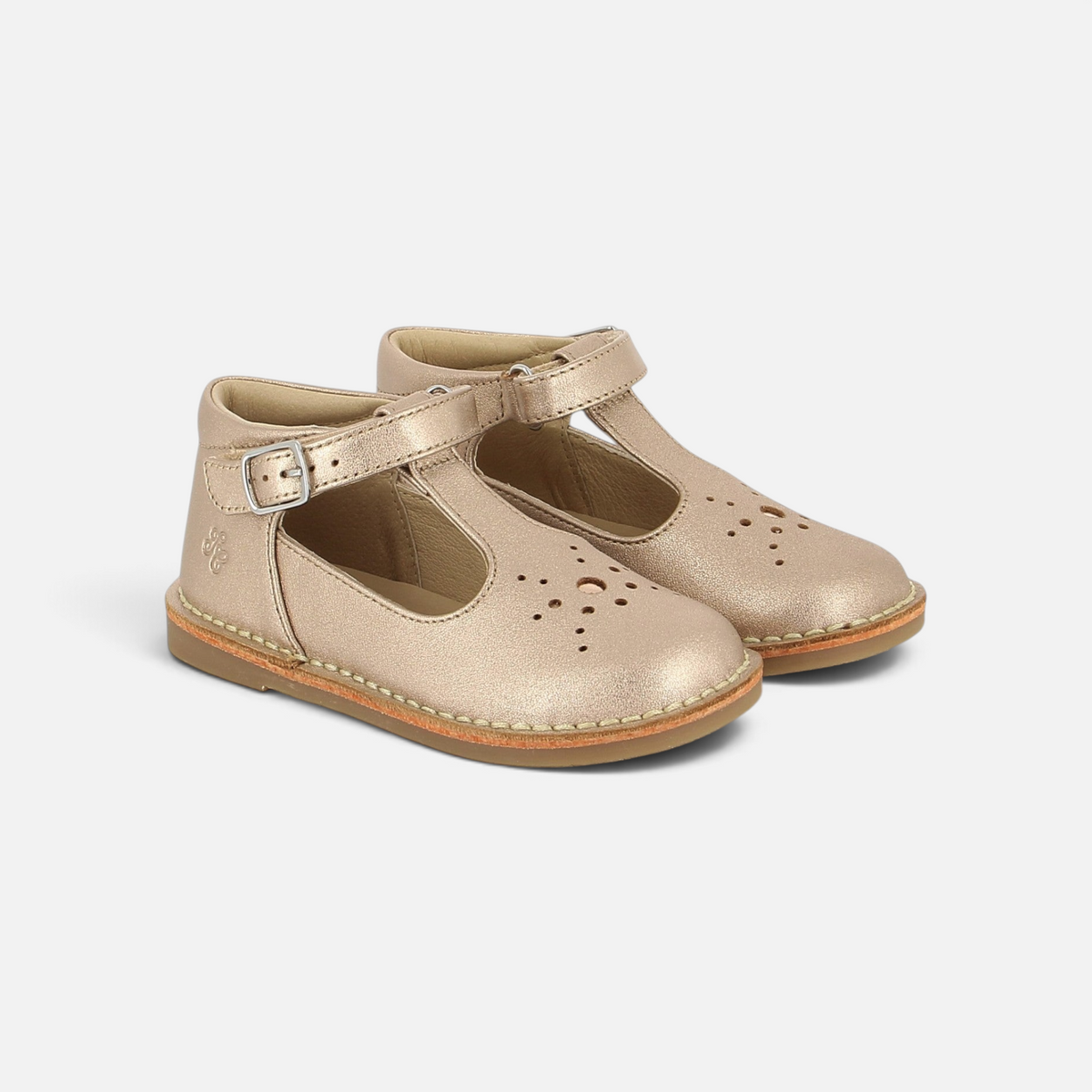 Chaussures salomé Pom d'Api en cuir laminé couleur cuivre avec perforations décoratives et bride réglable