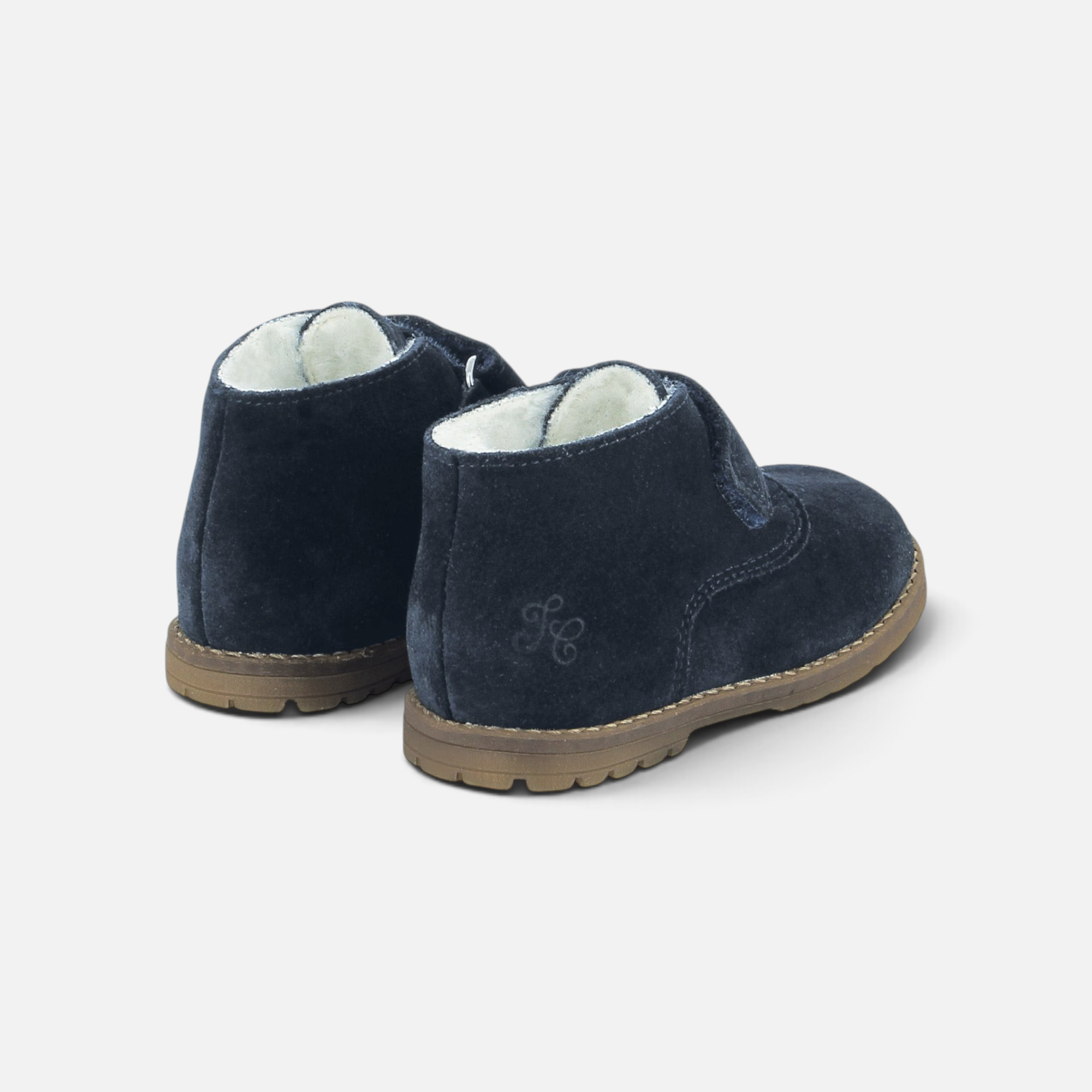 Chaussures premiers-pas Pom d'Api en cuir velours bleu marine avec doublure chaude et fermeture velcro