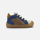 Chaussures barefoot Pom d'Api Yaka Star en nubuck bleu et cuir marron avec semelle souple et bout renforcé