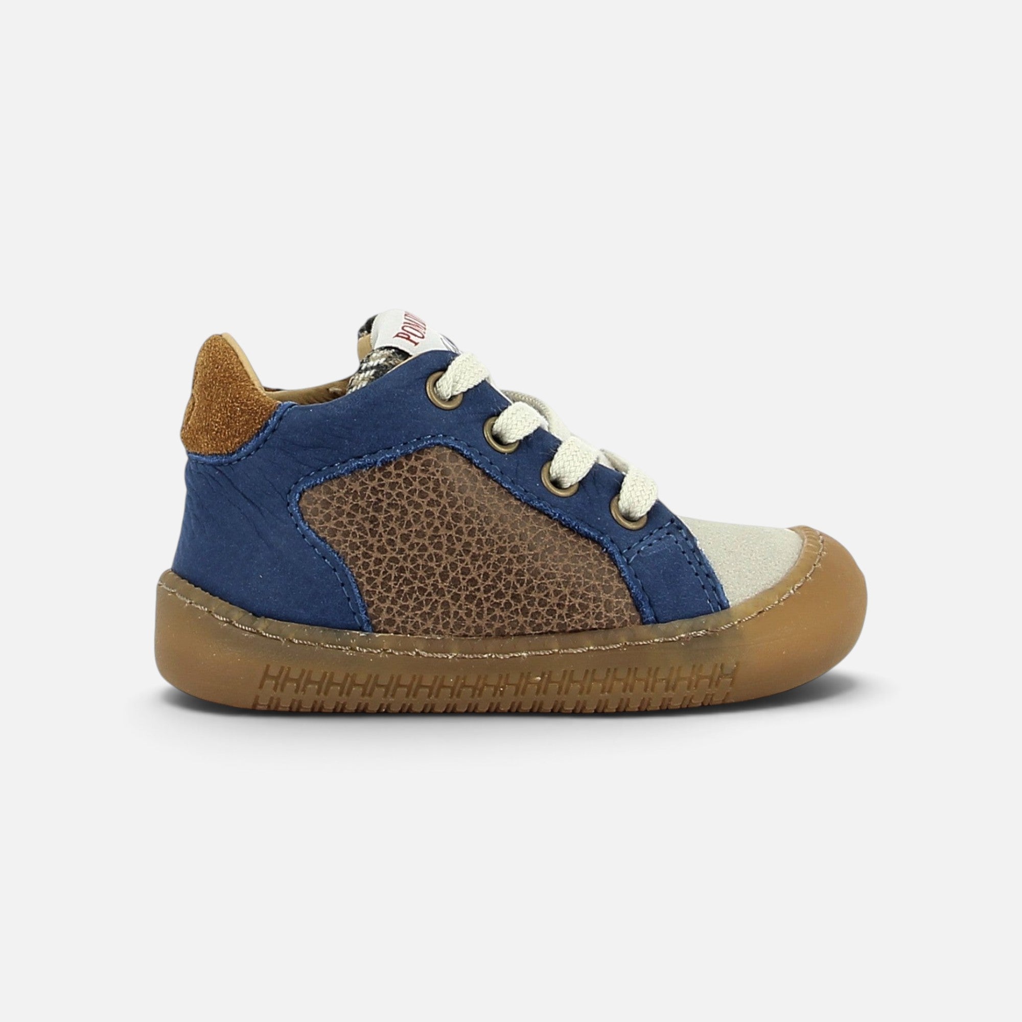Chaussures barefoot Pom d'Api Yaka Star en nubuck bleu et cuir marron avec semelle souple et bout renforcé