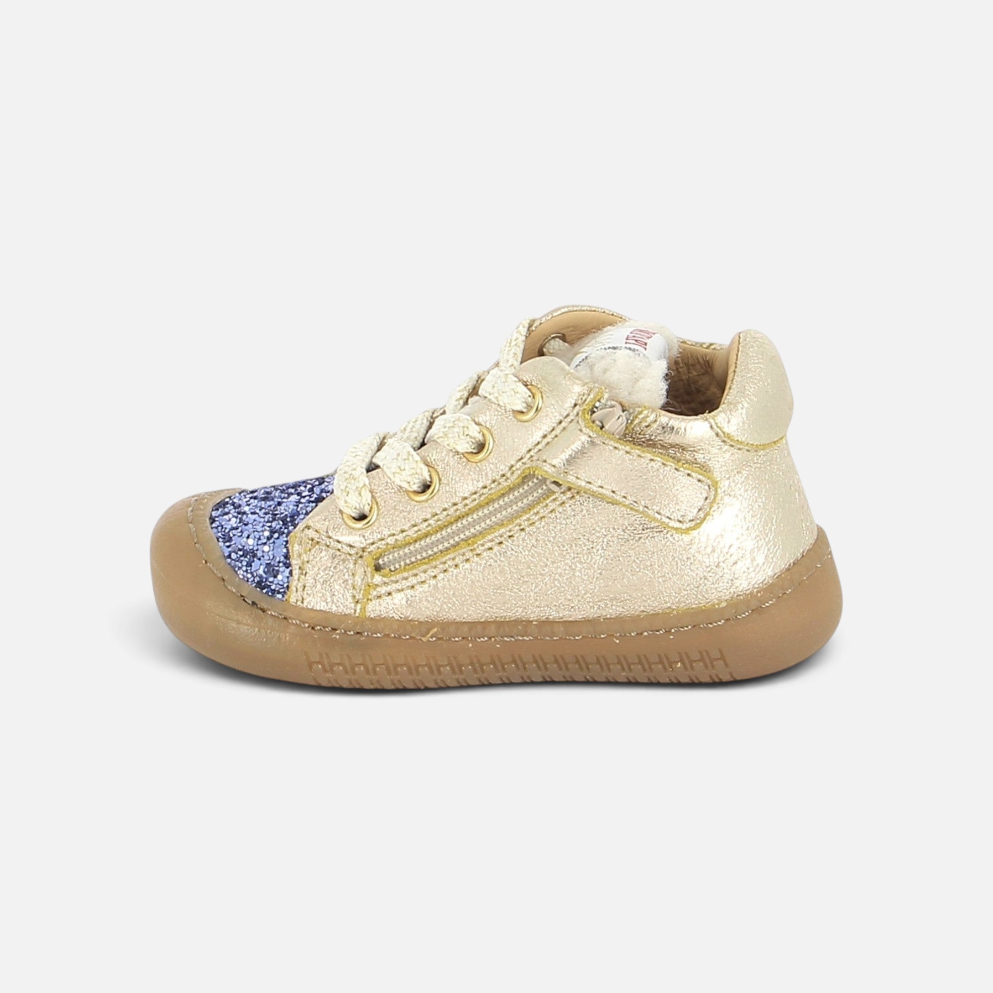 Chaussures barefoot Pom d'Api Yaka dorées et bleues à paillettes avec semelle souple pour premiers pas