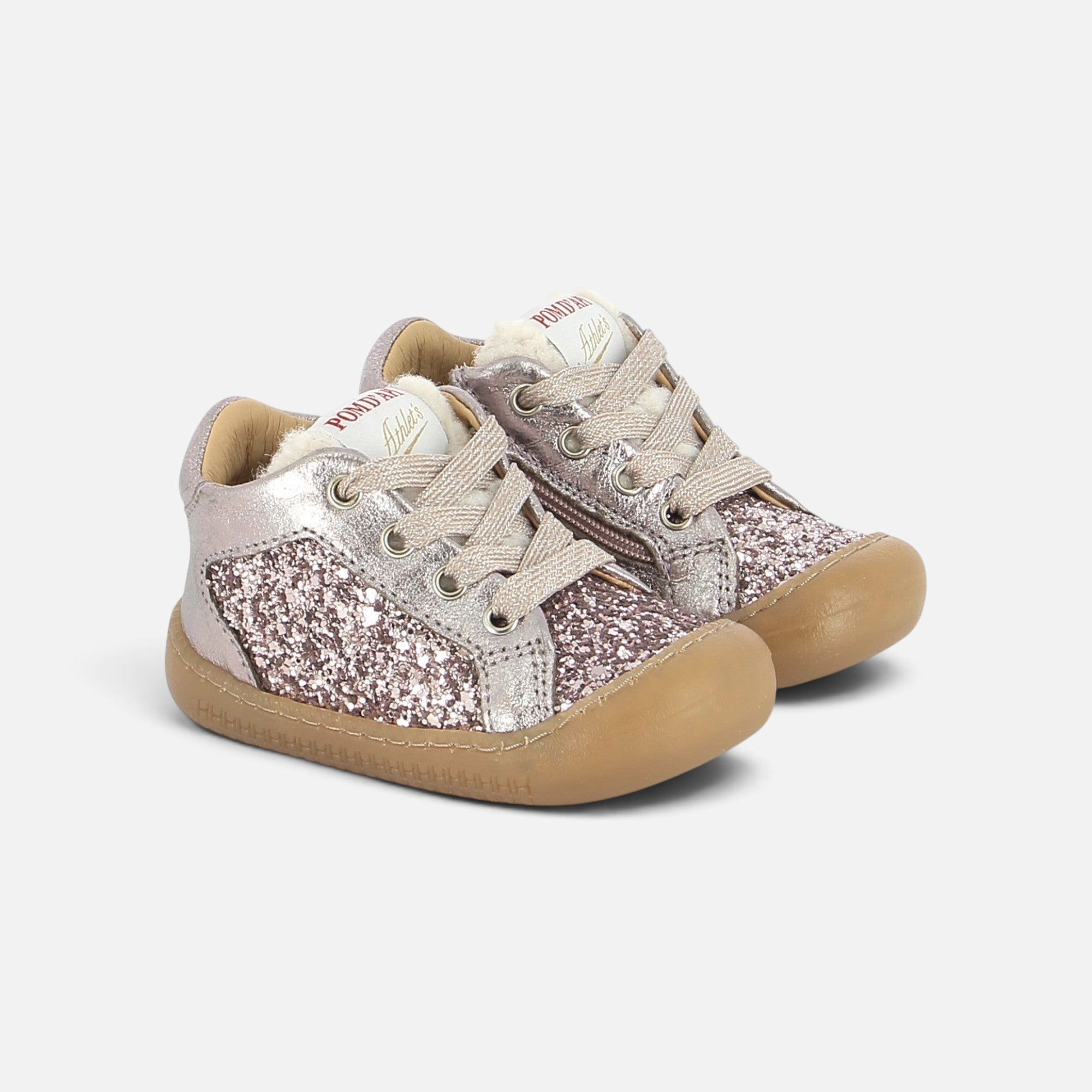 Chaussures barefoot Pom d'Api Yaka Star couleur nude à paillettes avec semelle souple pour les premiers pas