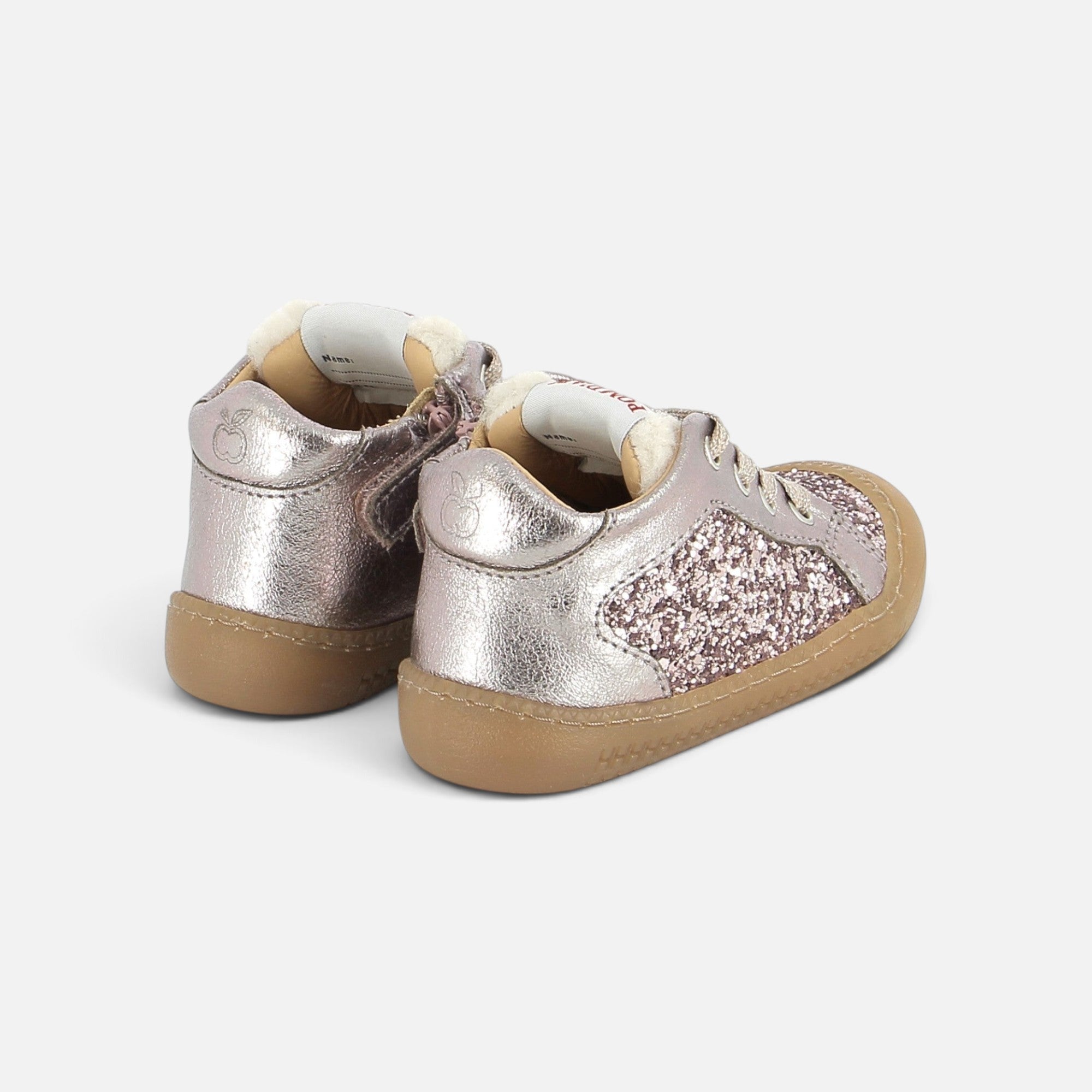 Chaussures barefoot Pom d'Api Yaka en cuir métallisé rose et paillettes, semelle souple pour premiers pas