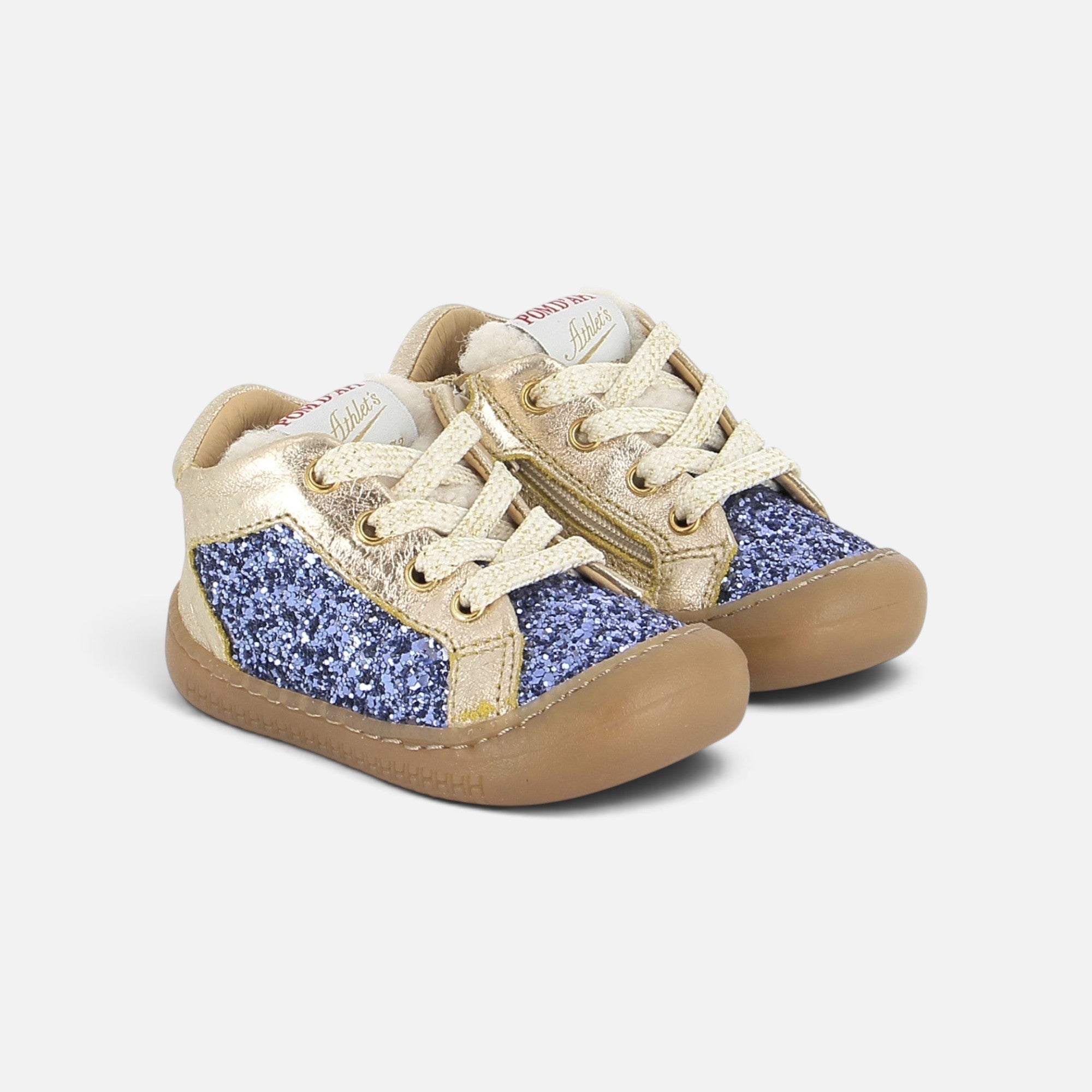 Chaussures barefoot Pom d'Api YAKA dorées et bleues à paillettes avec semelle souple pour enfant
