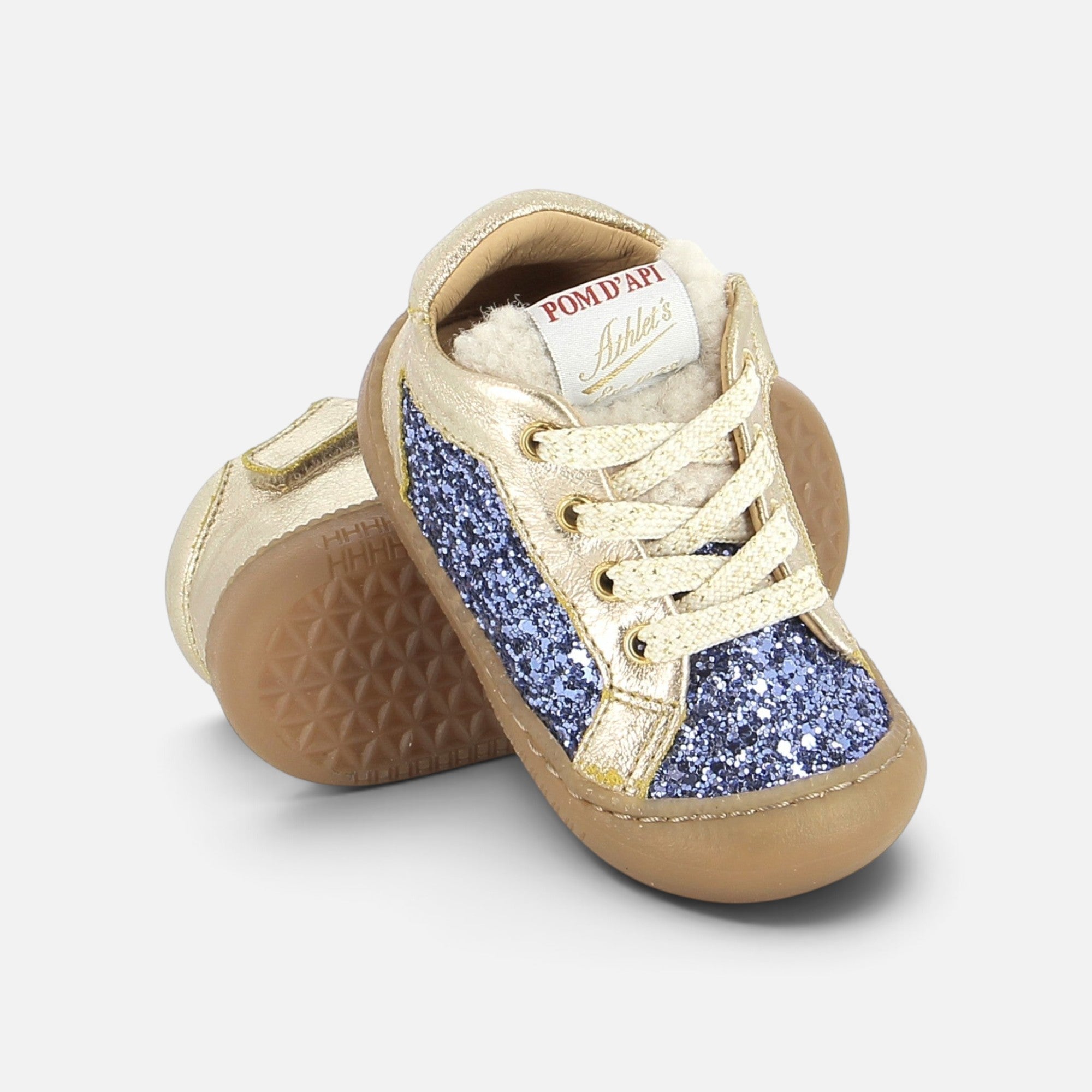 Chaussures barefoot Pom d'Api Yaka Star dorées et bleues à paillettes avec semelle souple pour premiers pas