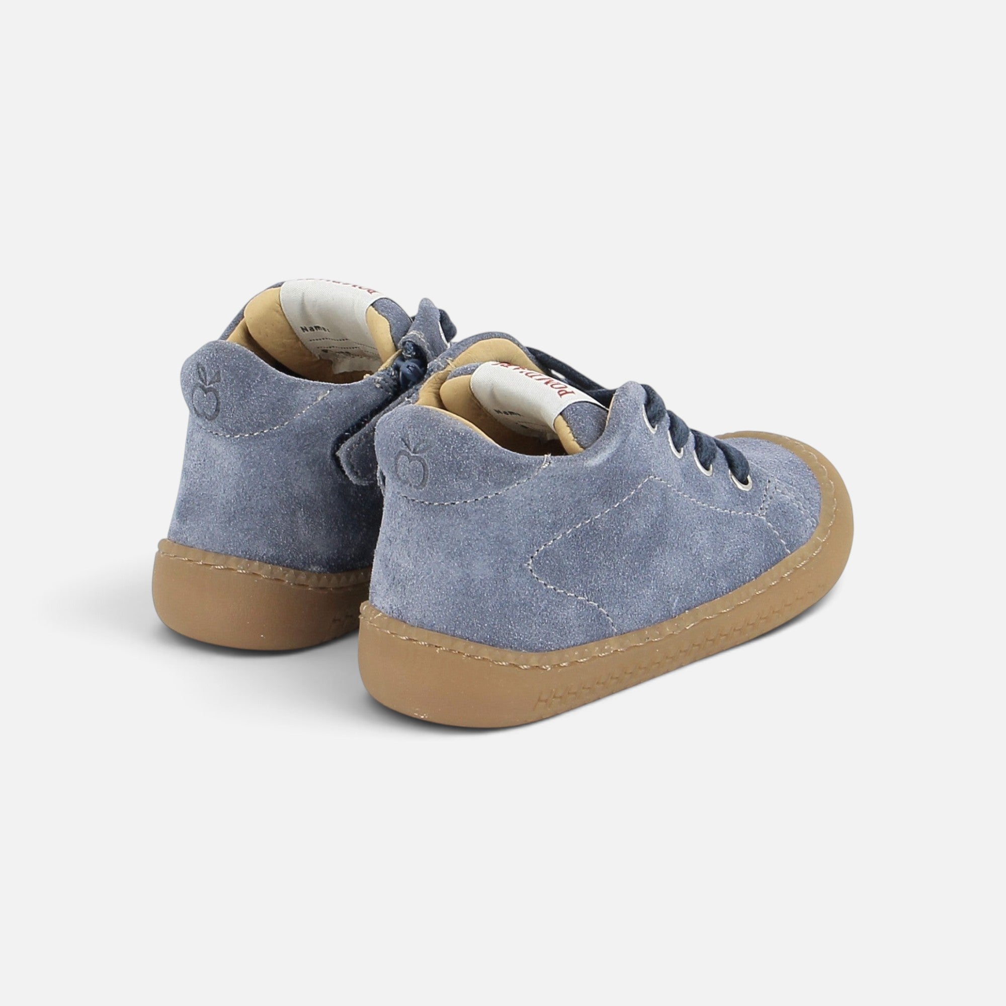Chaussures barefoot Pom d'Api Yaka en velours bleu jeans avec semelle souple et design anatomique pour enfant