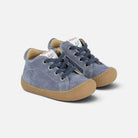 Pom d'Api Yaka barefoot shoes in blue denim suede with a flexible sole and laces for first steps