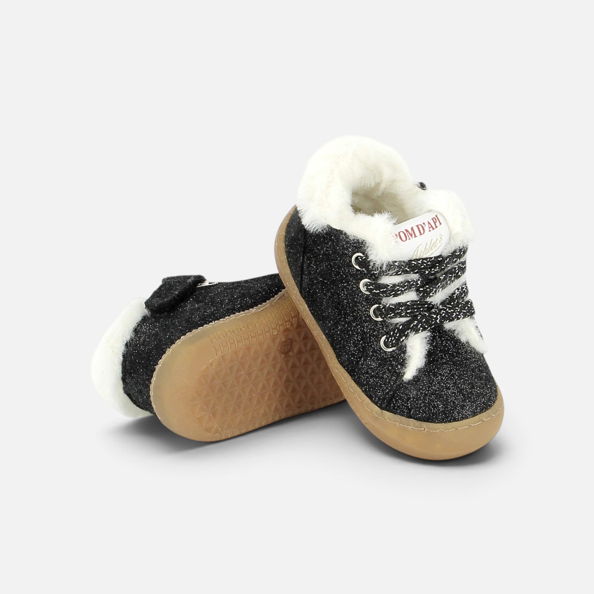 Chaussures premiers pas Pom d'Api Yaka Walk fourrées en velours noir pailleté avec semelle souple barefoot