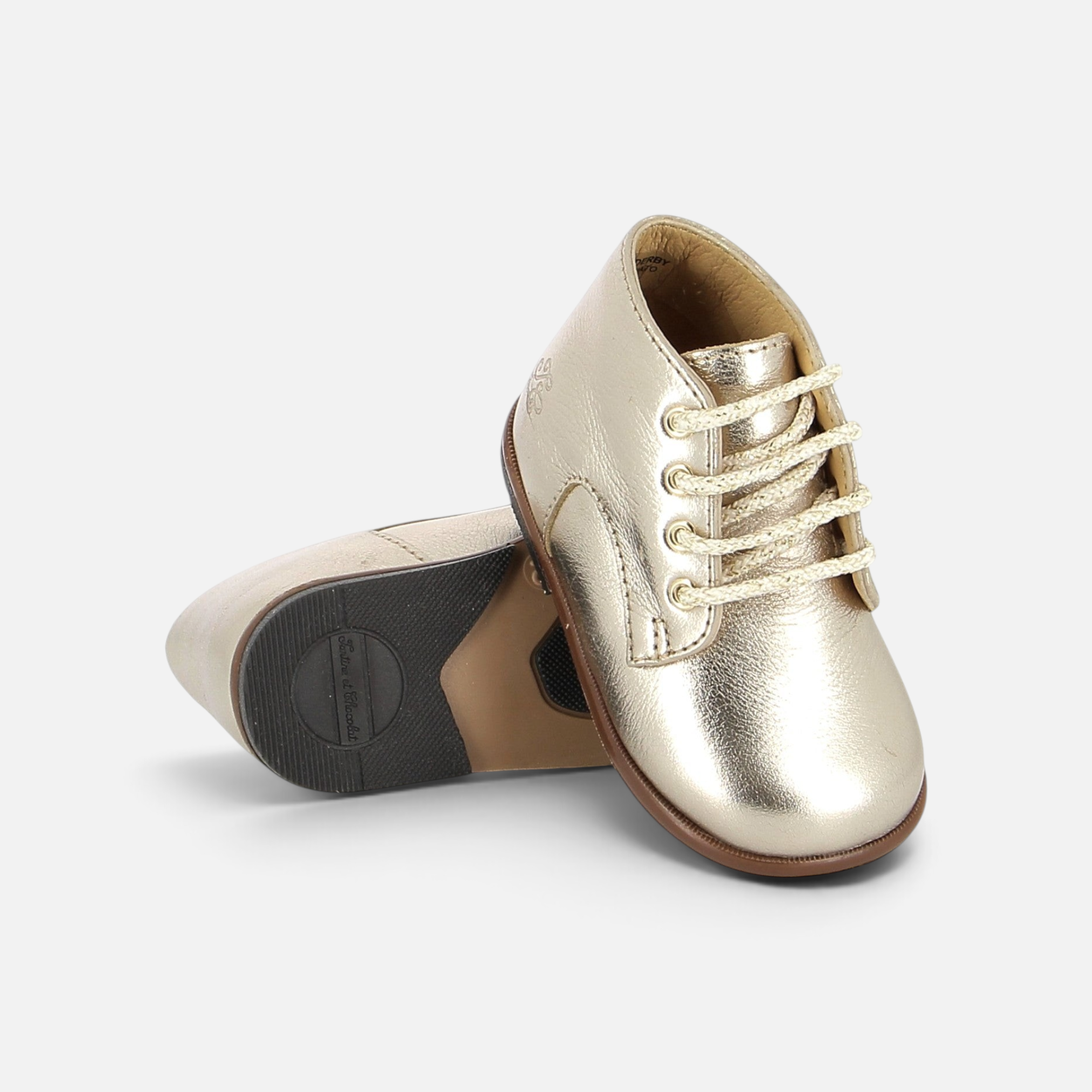 Chaussures premiers pas Pom d'Api en cuir doré avec lacets, bout rond renforcé et semelle antidérapante