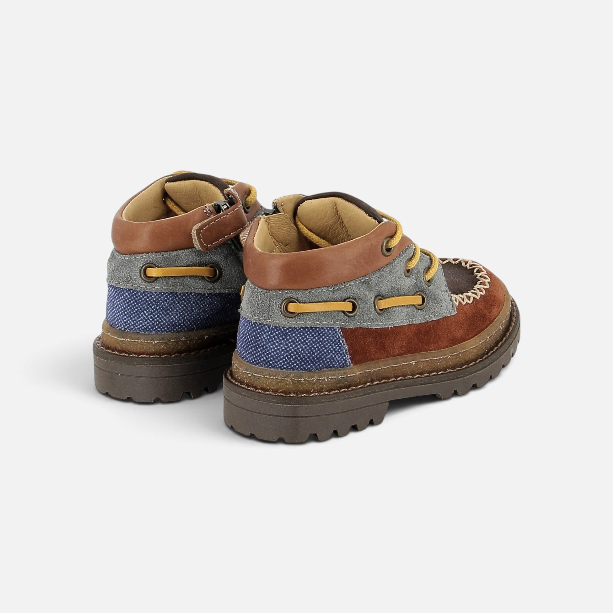 Chaussures enfant Pom d'Api Wall Boat en cuir brique et bleu avec semelle crantée et fermeture zippée