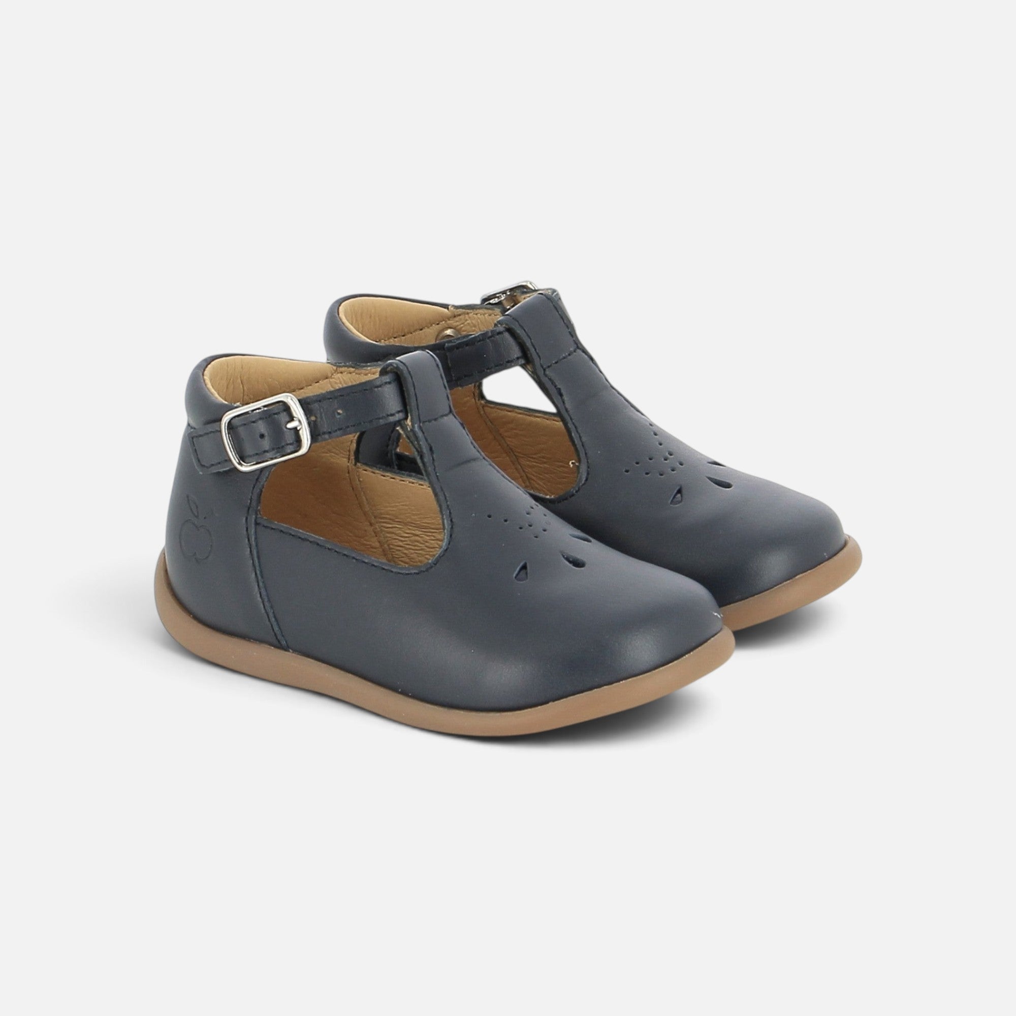 Chaussures salomé Pom d'Api bleu marine en cuir souple avec boucle réglable et semelle antidérapante