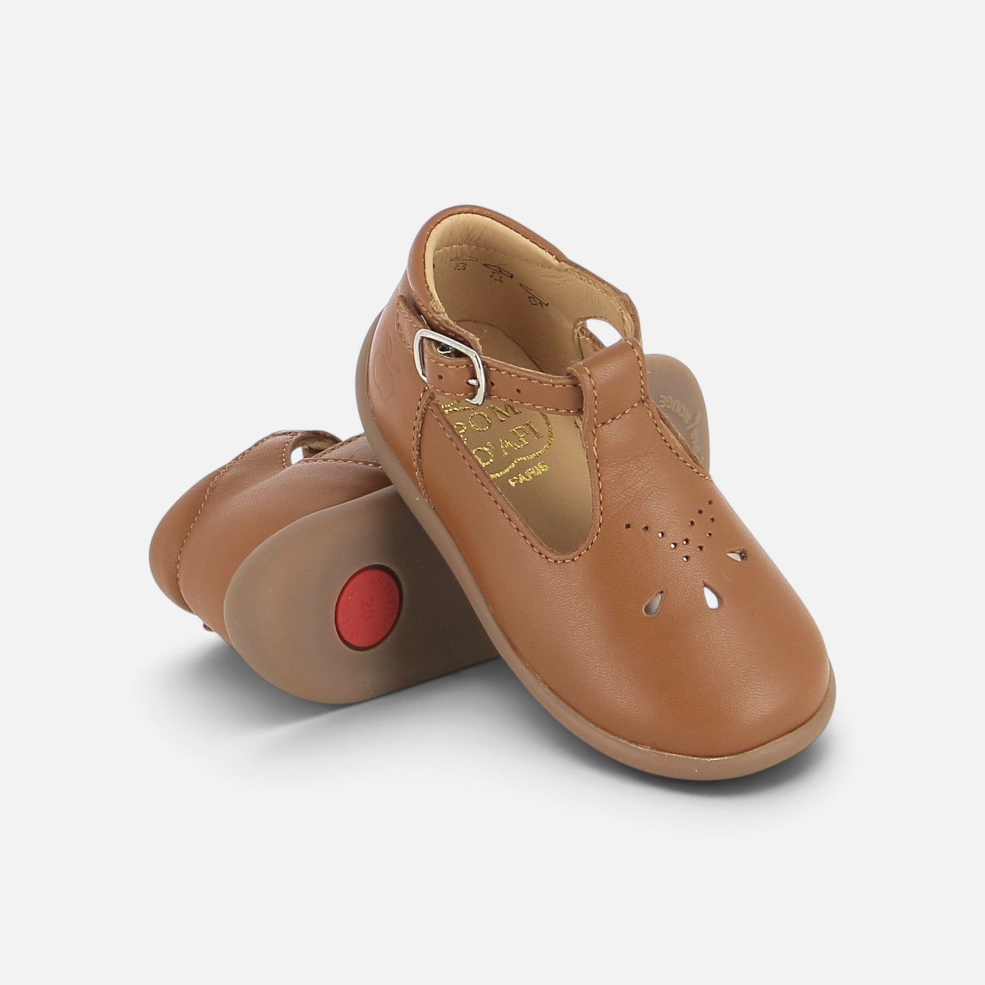 Chaussures salomé Pom d'Api en cuir marron avec boucle réglable et semelle souple anti-torsion