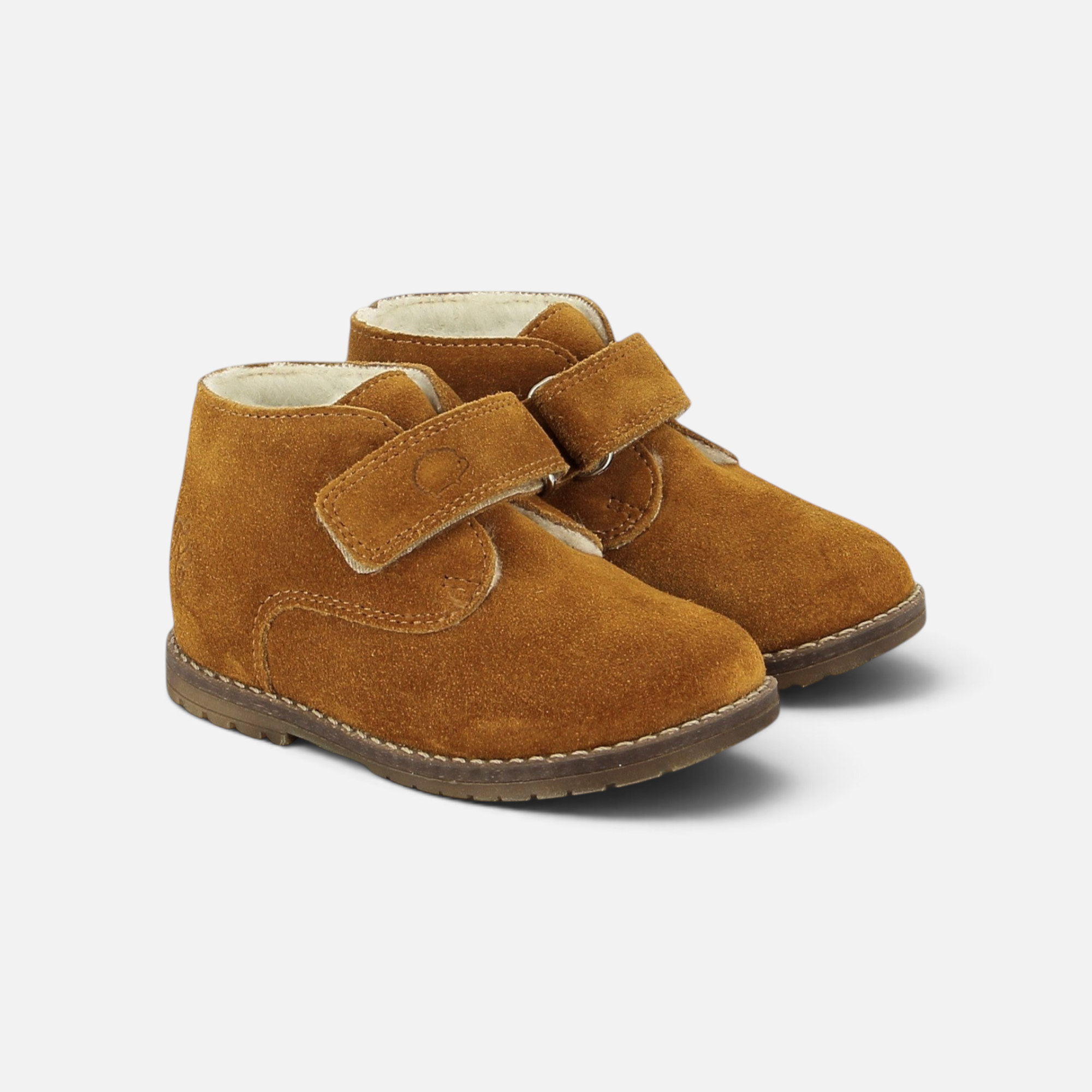 Chaussures premiers-pas Pom d'Api en cuir velours marron avec doublure chaude et fermeture velcro pratique