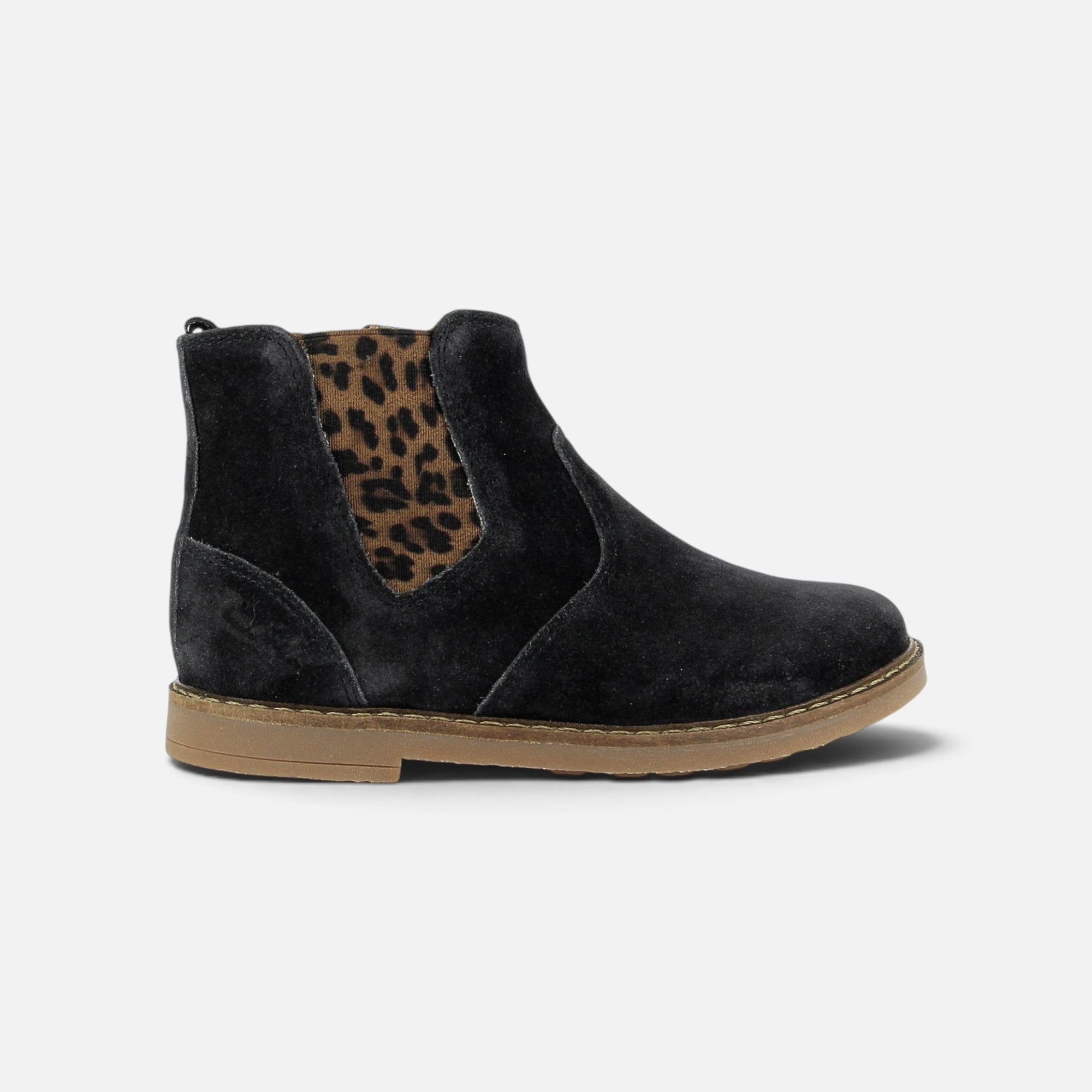 Chelsea boot Pom d'Api Trip en velours noir avec empiècement élastique motif léopard et fermeture éclair latérale