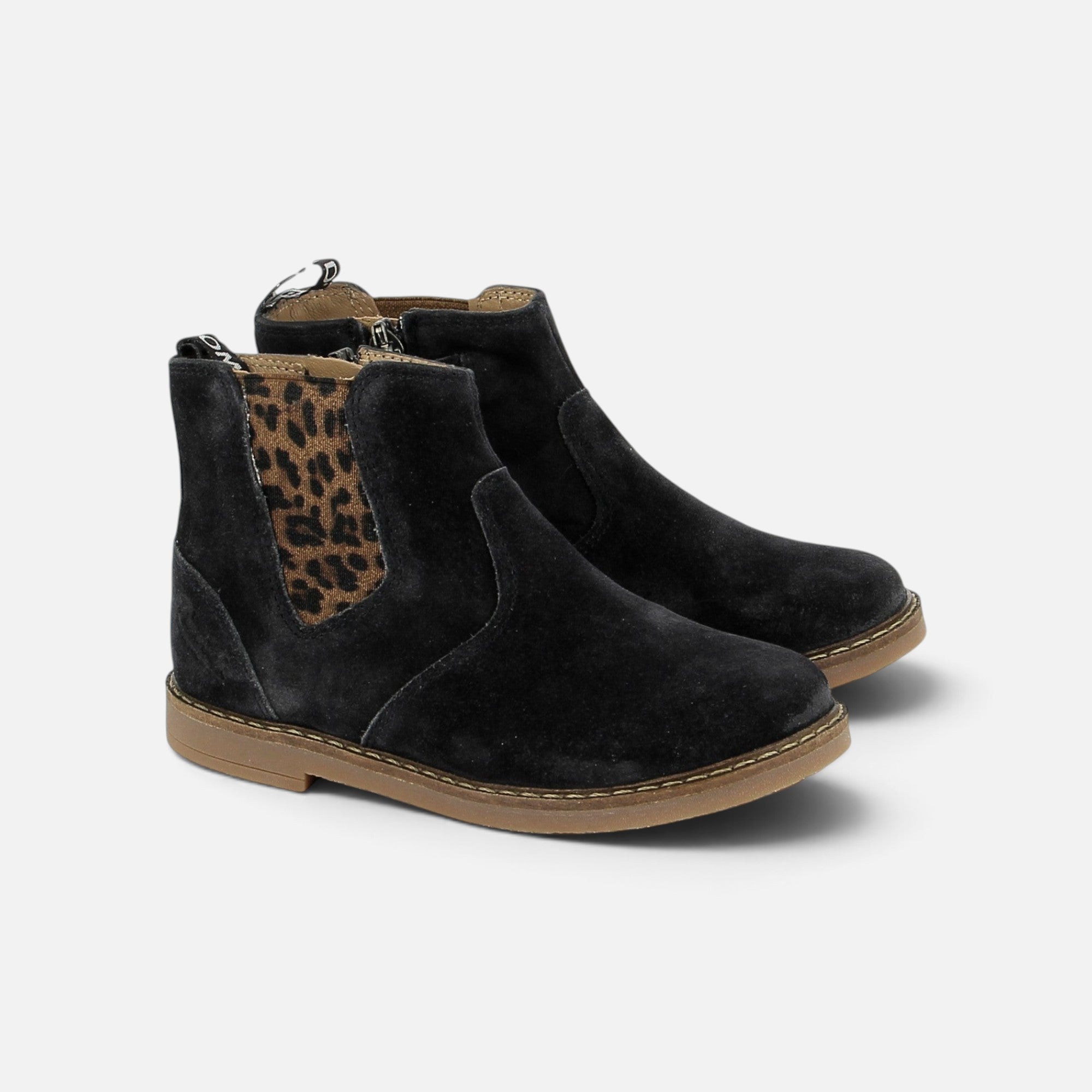 Chelsea boots Pom d'Api Trip en velours noir avec empiècement élastique léopard et fermeture éclair latérale