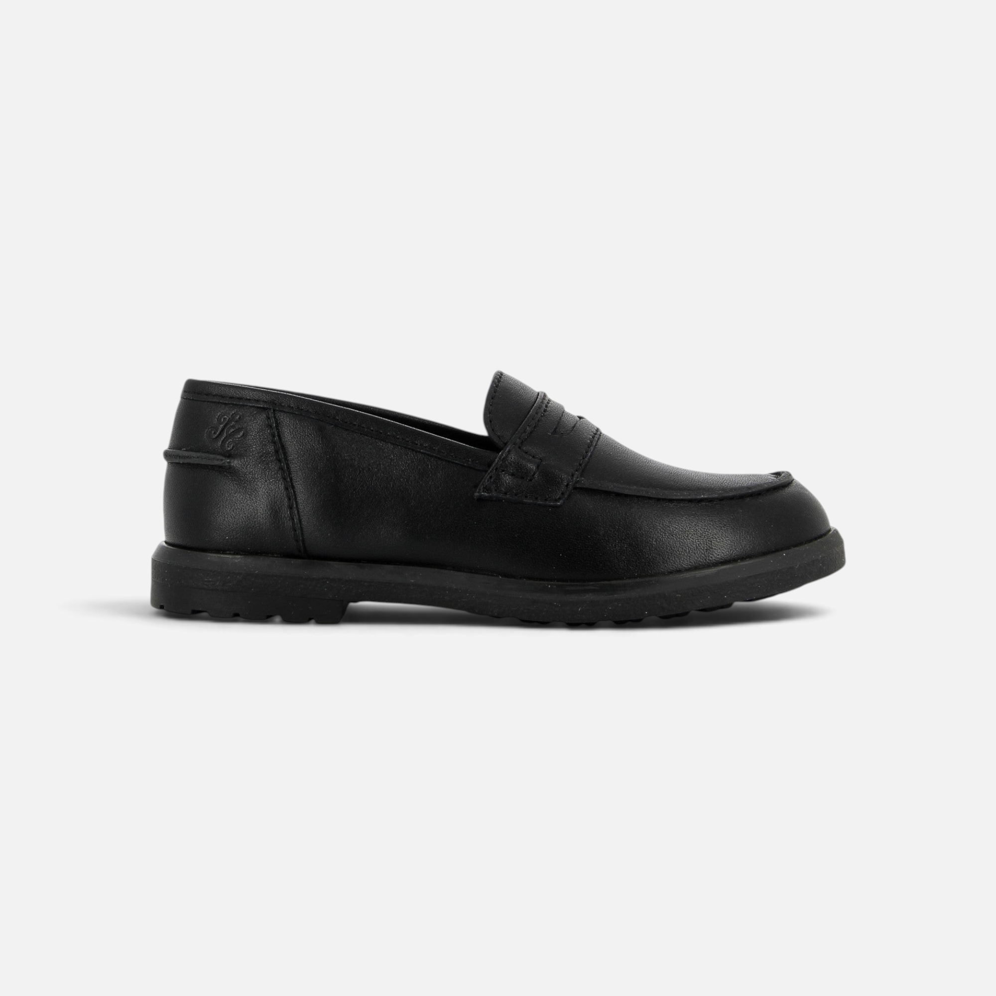 Mocassin noir en cuir Pom d'Api style collège avec semelle en caoutchouc, vue de profil