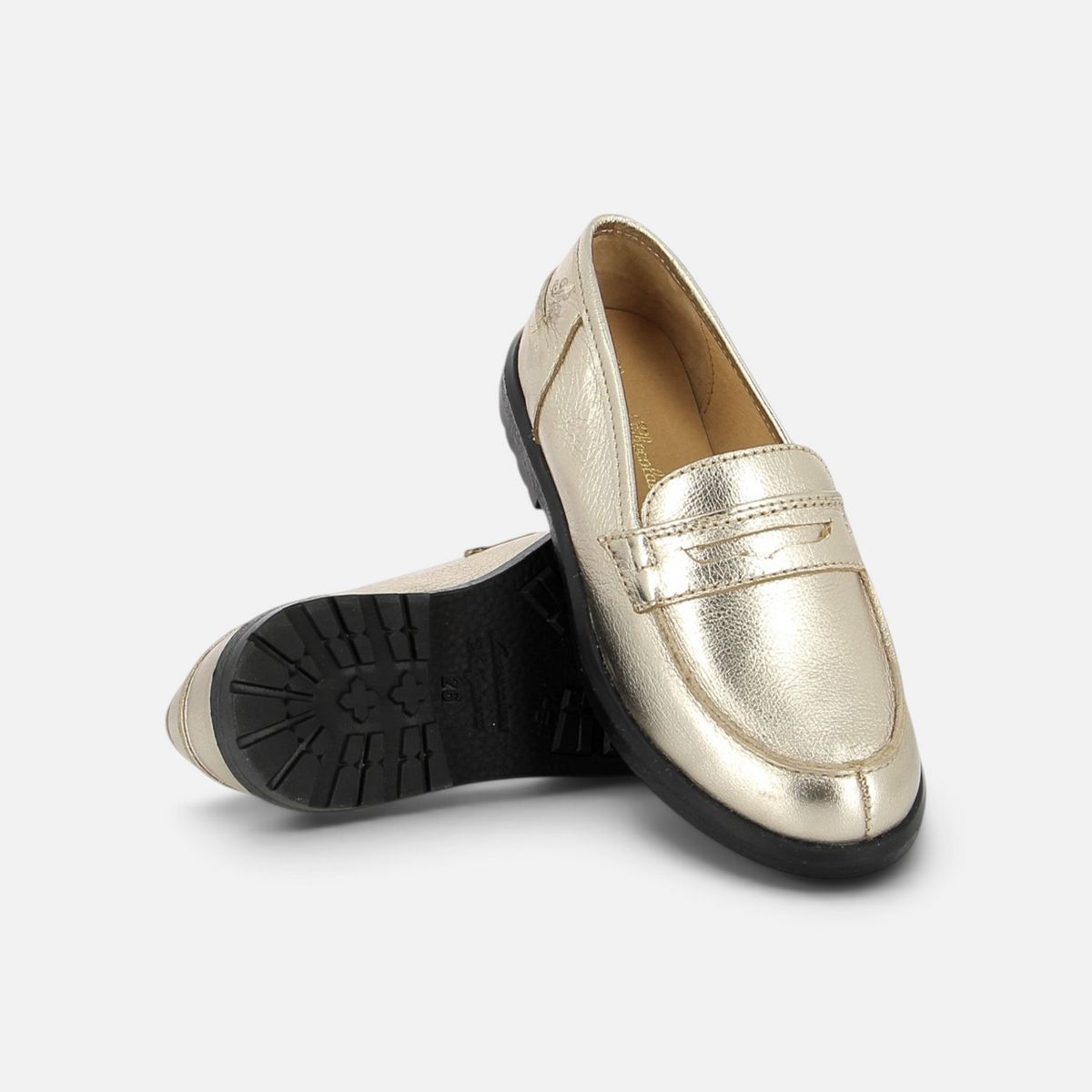 Mocassins dorés Pom d'Api en cuir métallisé avec semelle en caoutchouc noire, style collège élégant pour enfant