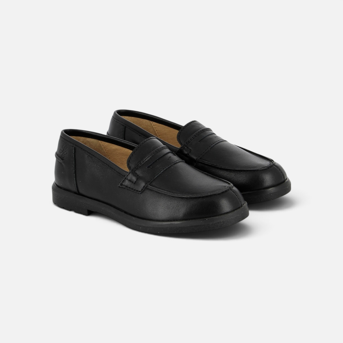 Mocassins noirs Pom d'Api en cuir style collège avec semelle en caoutchouc confortable pour enfant