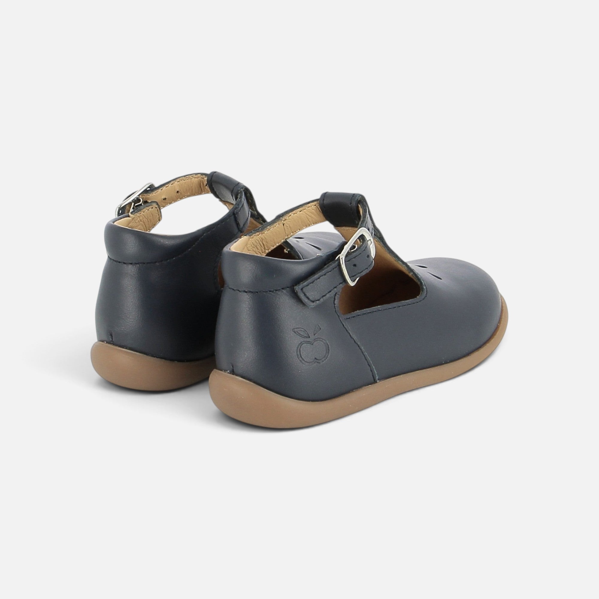 Chaussures salomé Pom d'Api bleu marine en cuir souple avec bride à boucle et semelle antidérapante