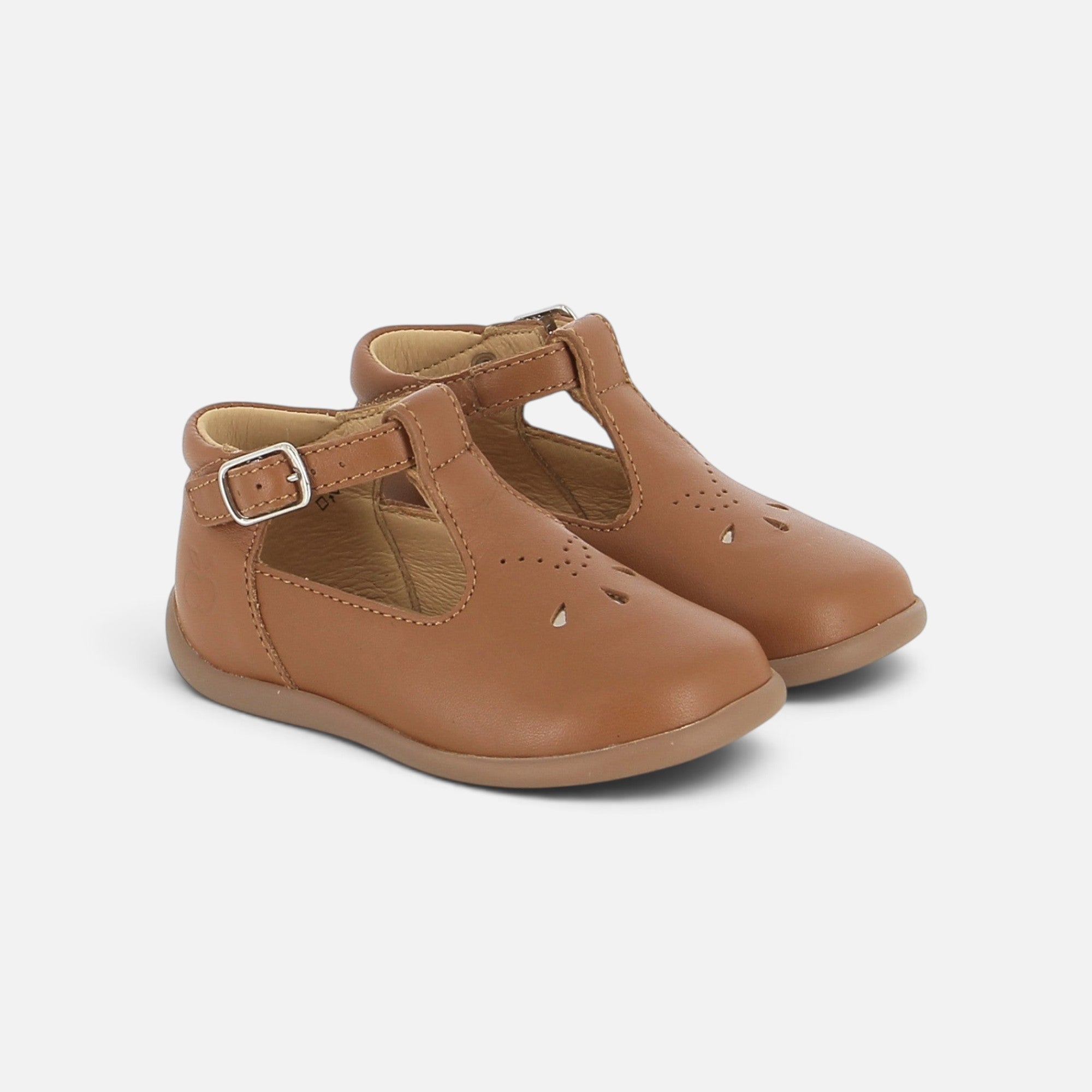 Chaussures salomé Pom d'Api en cuir marron avec boucle réglable et semelle souple anti-torsion pour enfant