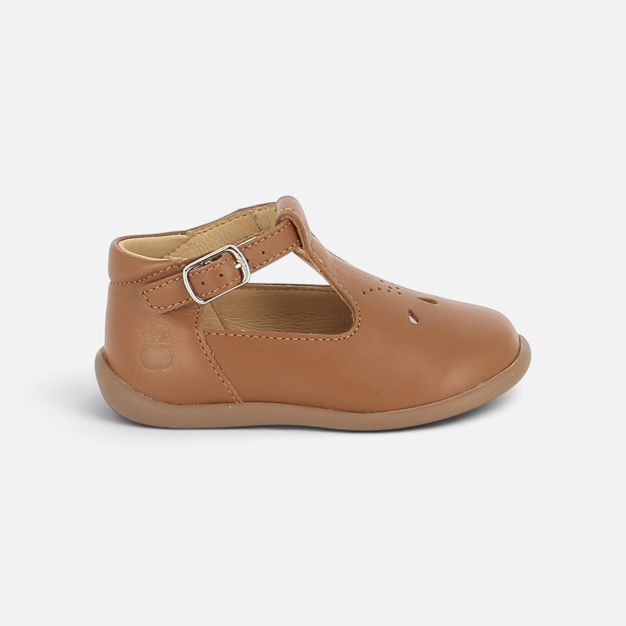 Chaussures salomé Pom d'Api en cuir marron avec boucle réglable et semelle souple pour enfant