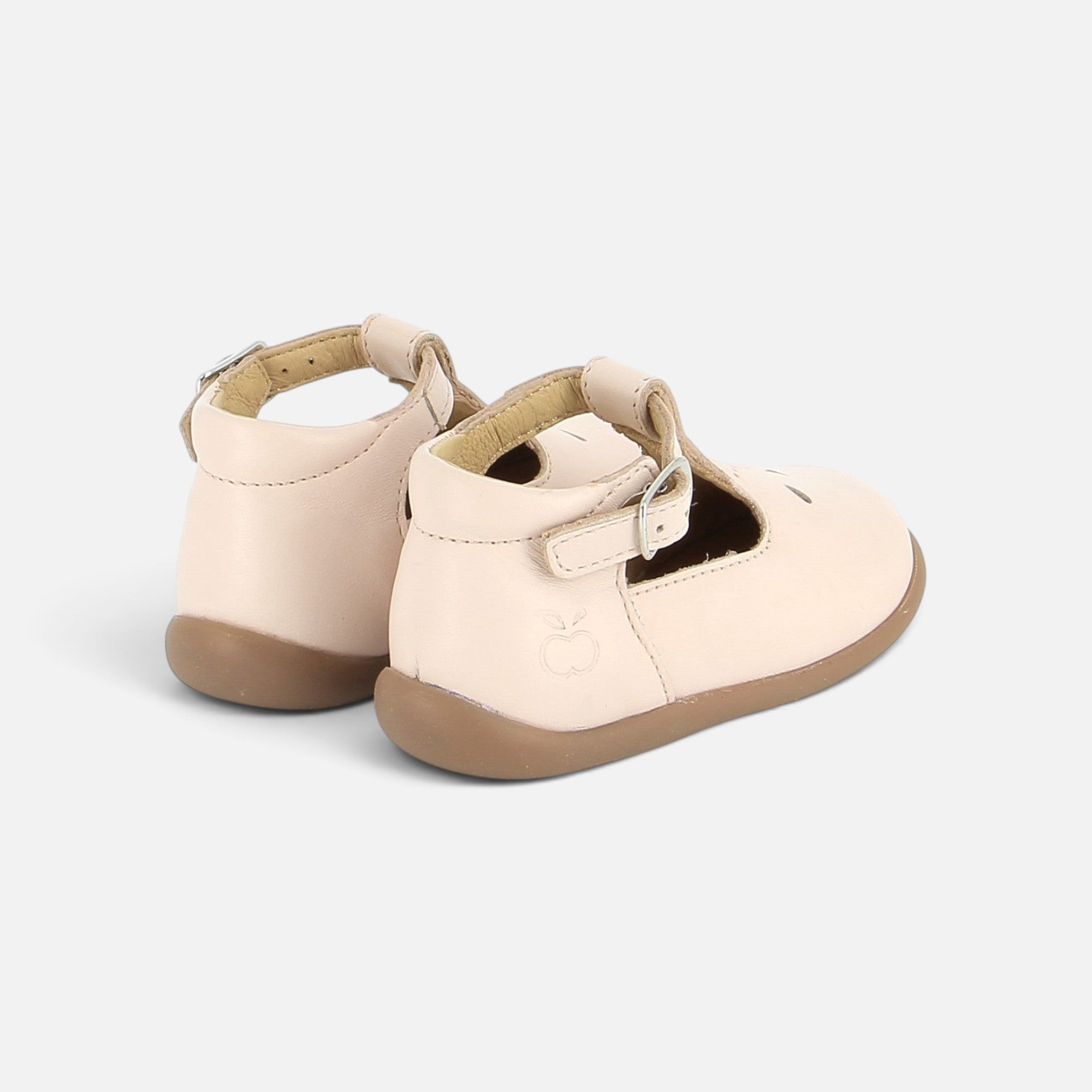 Chaussures Salomé Pom d'Api en cuir nappa rose pâle avec bride réglable et semelle souple anti-torsion