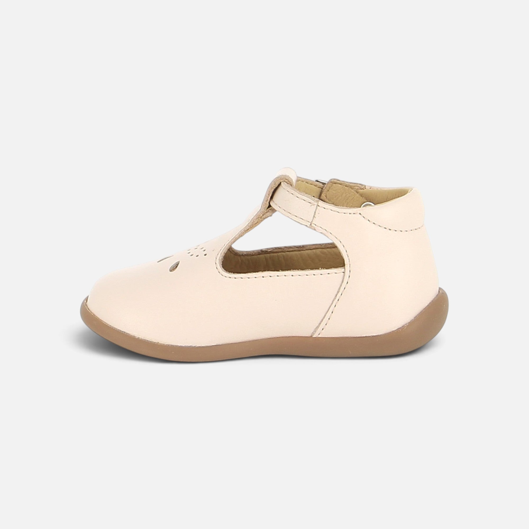 Chaussures salomé Pom d'Api en cuir nappa rose pâle avec bride réglable, semelle souple et col matelassé