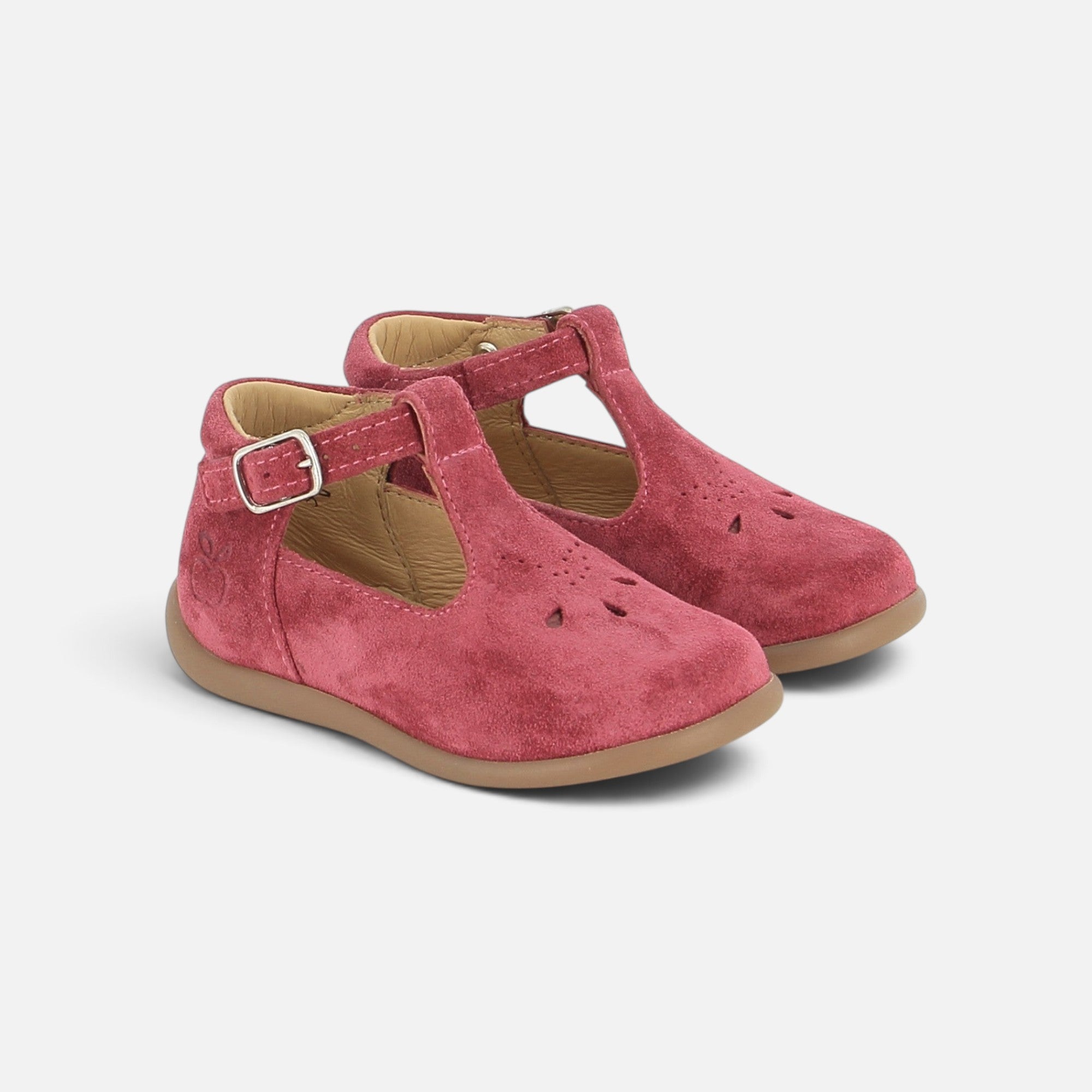 Chaussures Salomé Pom d'Api en velours rouge cerise avec bride réglable et semelle souple pour enfant