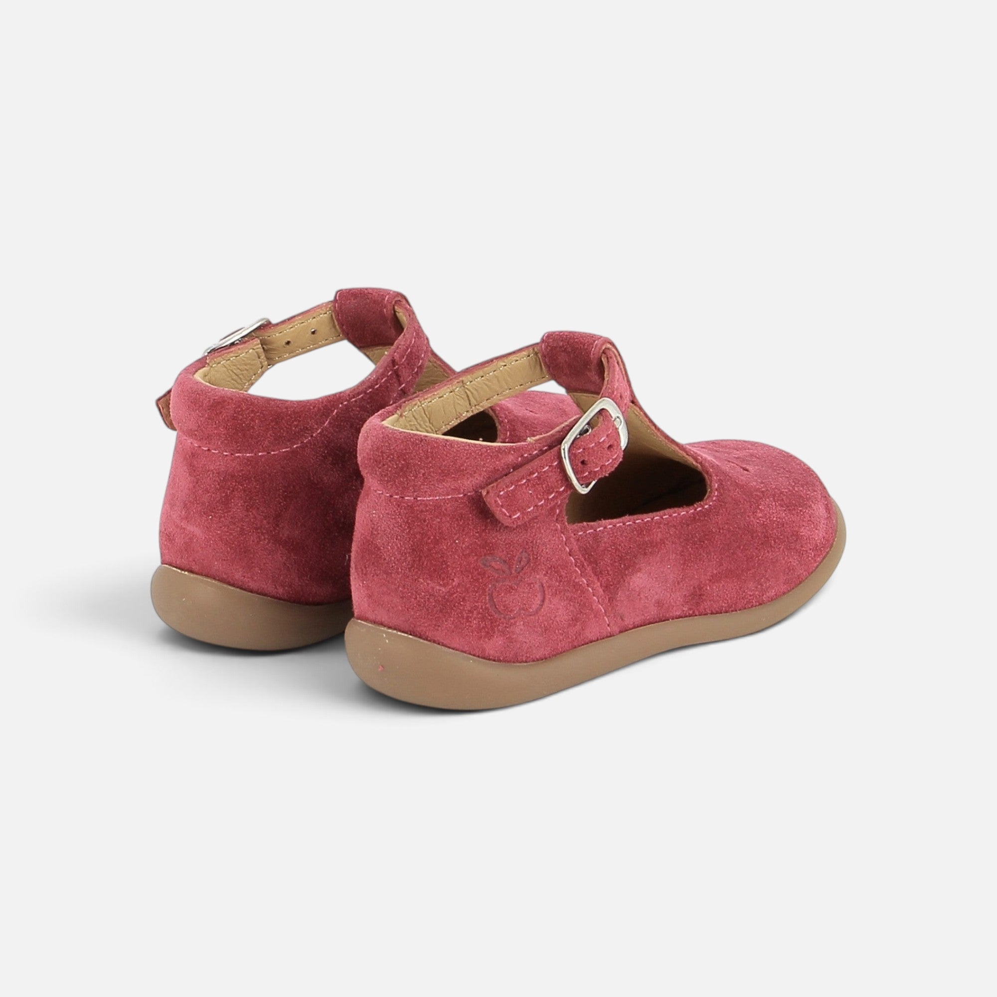 Chaussures Salomé Pom d'Api en velours rouge cerise avec bride à boucle et semelle souple anti-torsion