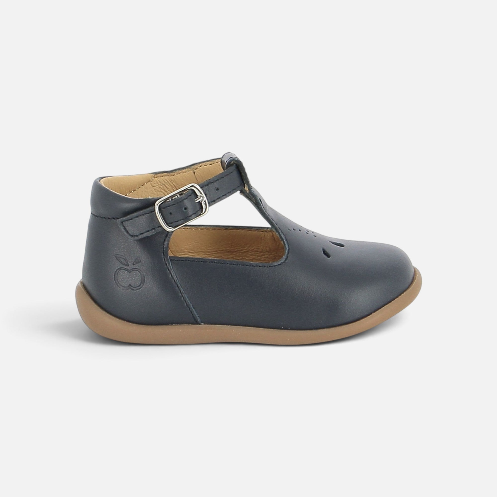 Sandales Salomé Pom d'Api bleu marine en cuir souple avec bride à boucle et semelle plate antidérapante