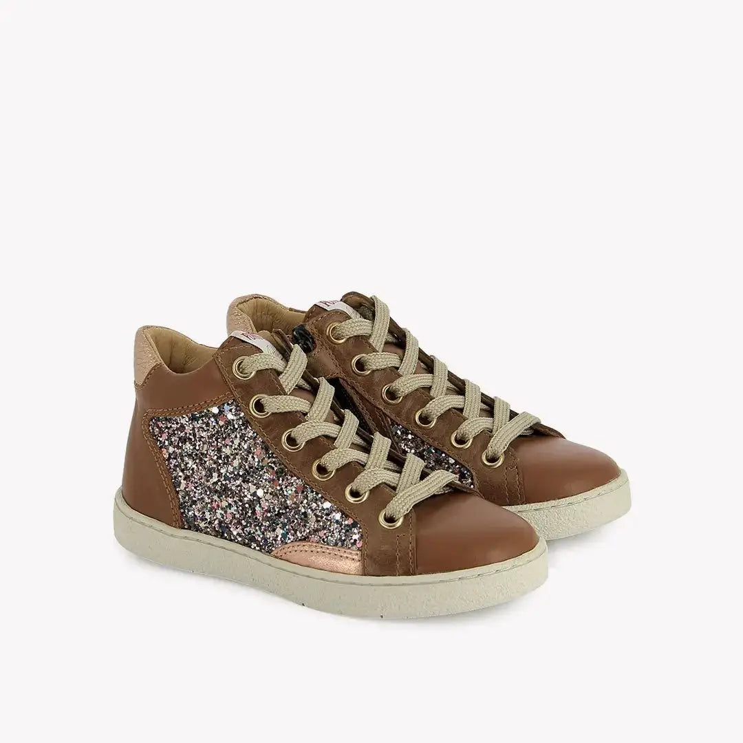 POM D'API  SNEAKERS - TOP TOUCH ZIPPY - LEATHER - GLITTER - BROWN - MULTI - Pom d'Api