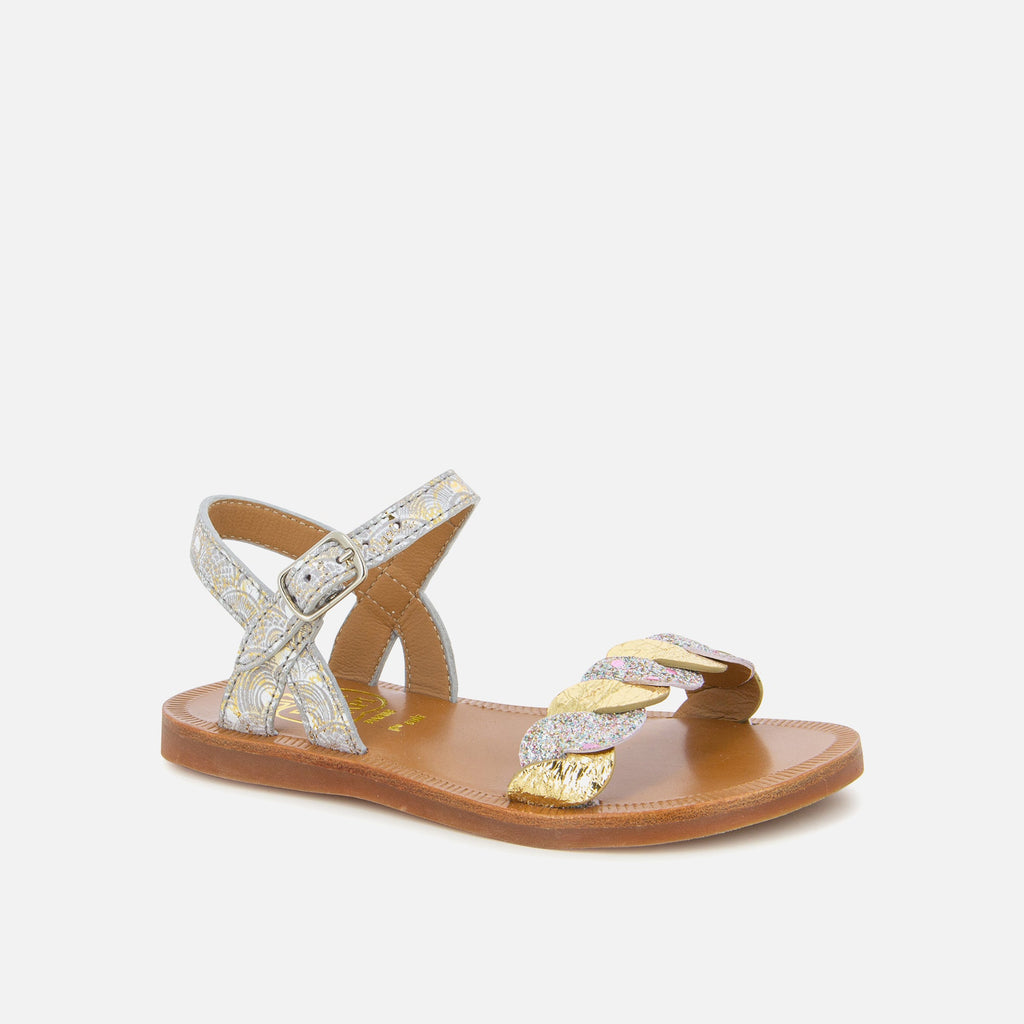 Sandale en cuir imprimé gris et paillettes - Plagette Twist