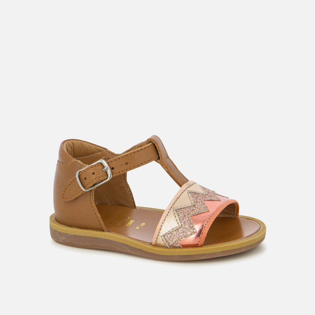 Sandale en cuir lisse camel et paillettes - Poppy Maya