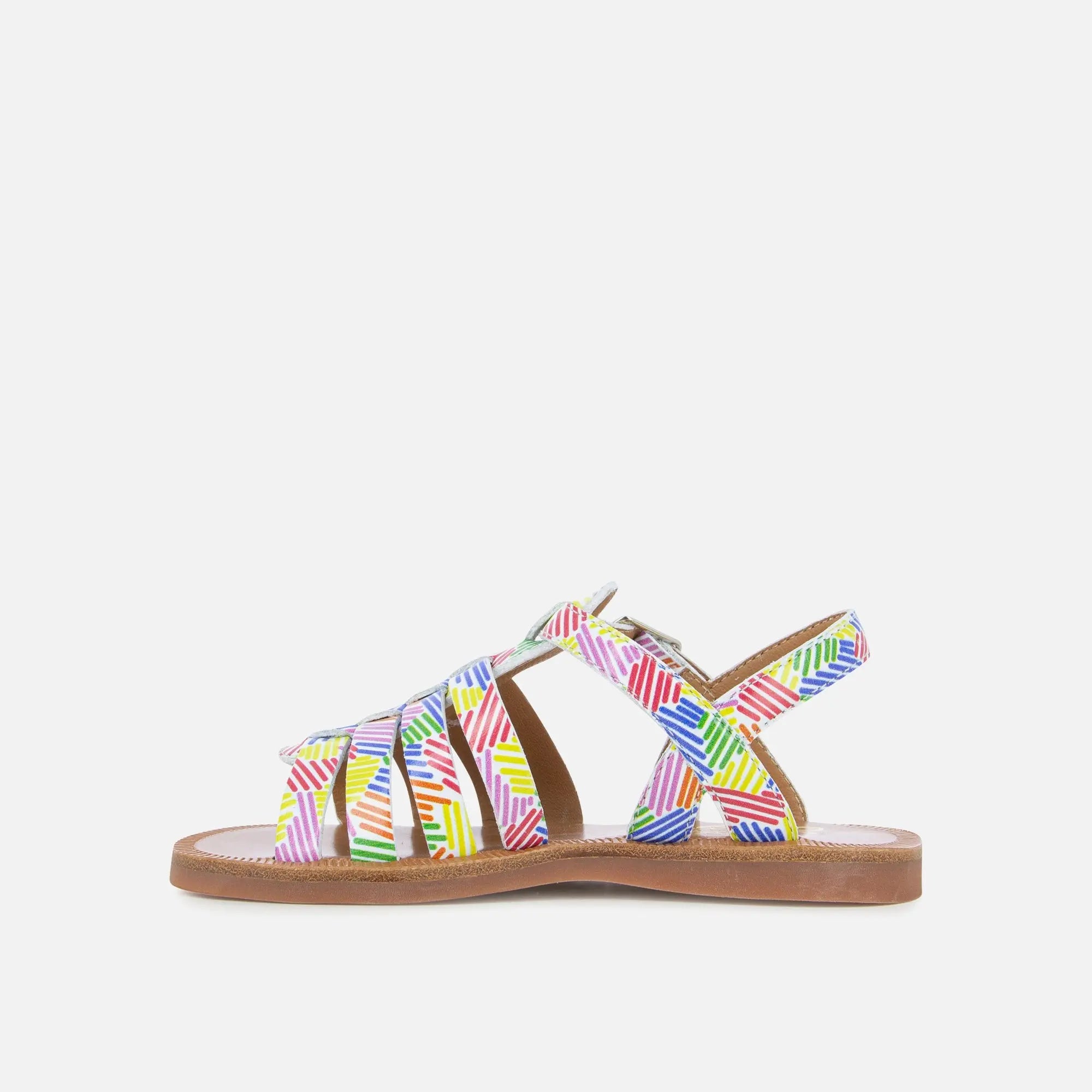 Sandale aus weißem Lackleder mit mehrfarbigem Aufdruck - Plagette 