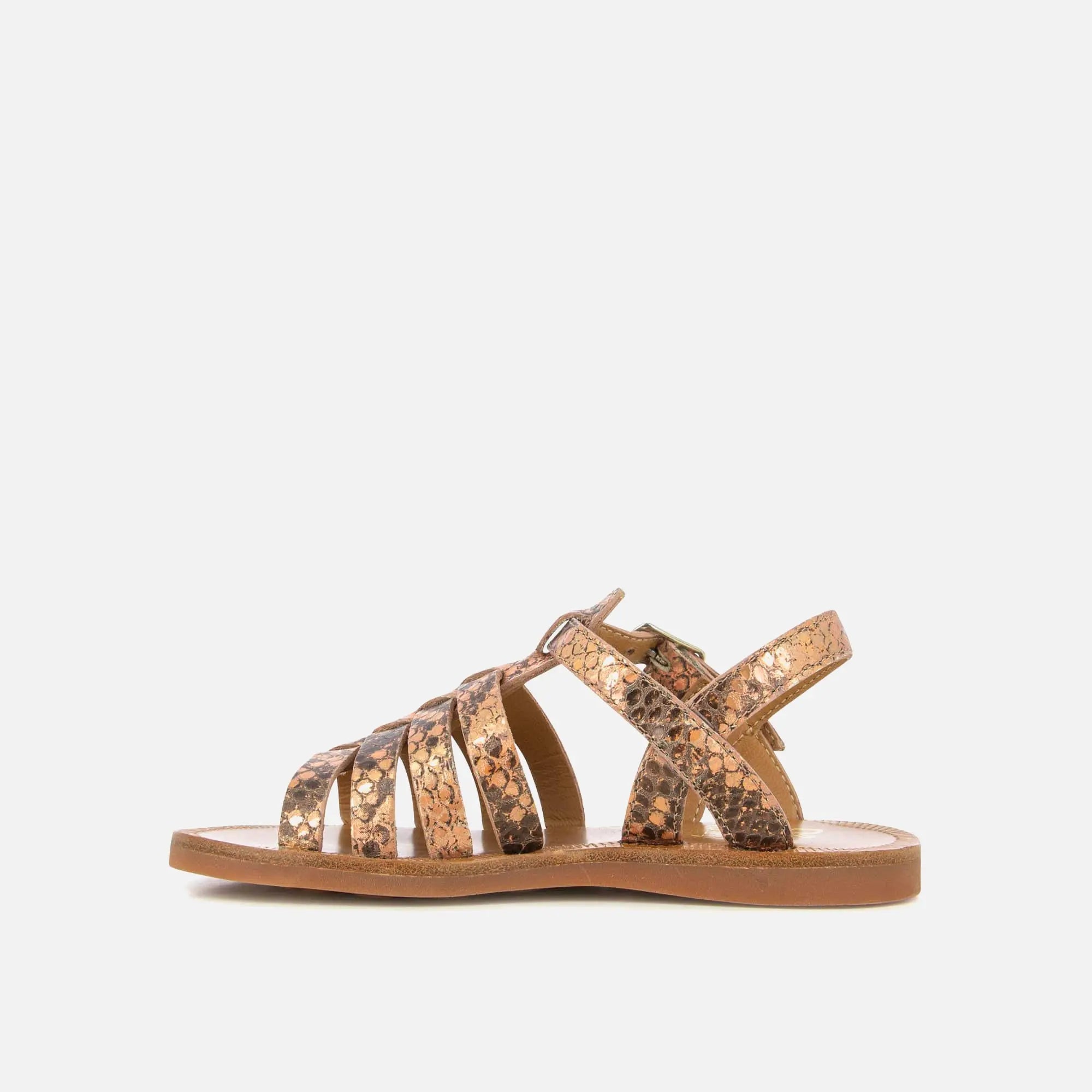 Sandale aus kupferfarbenem irisierendem Leder mit Animal-Effekt - Plagette Strap